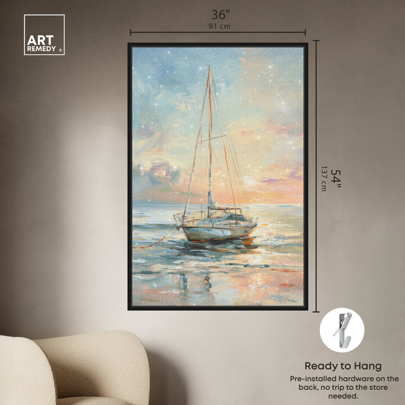 Bateau sur le rivage, Cadre noir, H 55 po x l 37 po
