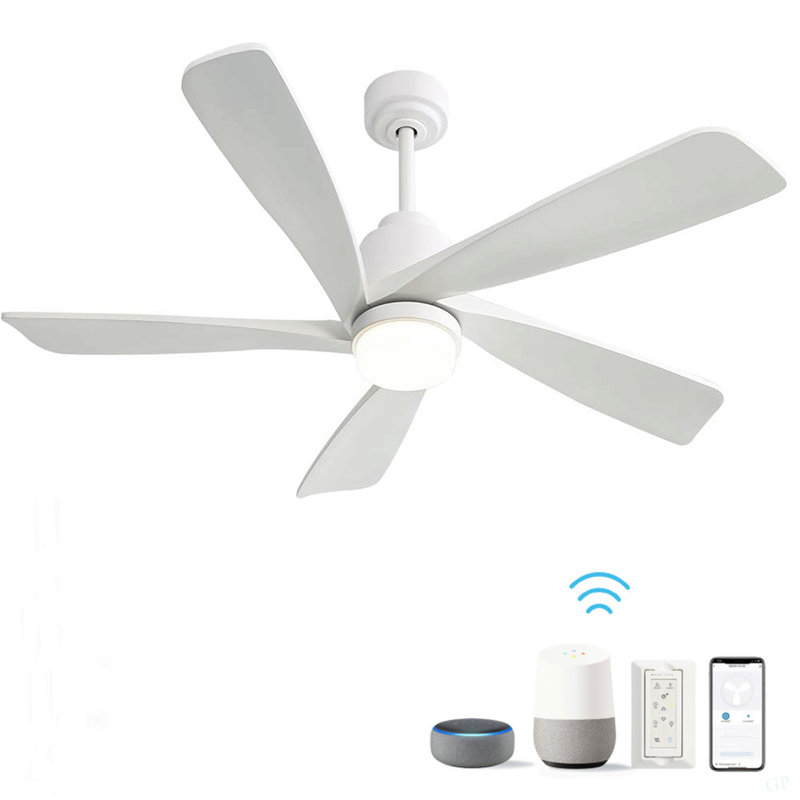Ventilateur de plafond moderne 52 pouces avec lumière à DEL à intensité variable et 5 pales en bois massif avec télécommande et moteur à courant continu réversible
