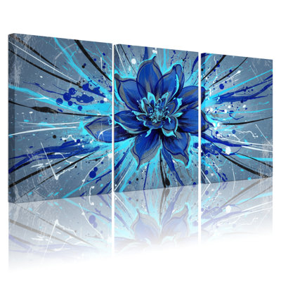Ensemble de 3 tableaux abstraits à motif floral bleu sur toile tendue