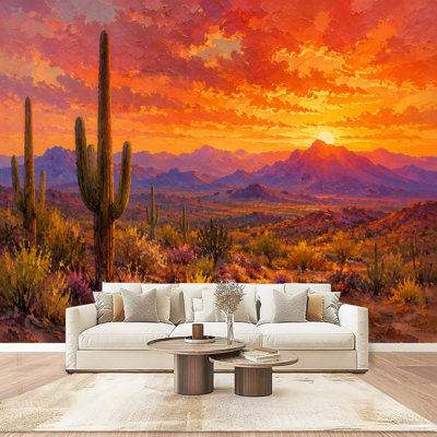 Papier peint mural autocollant « Coucher de soleil dans le désert » avec cactus et ciel vibrant, décoration murale moderne pour chambre et salon, 254 cm x 366 cm
