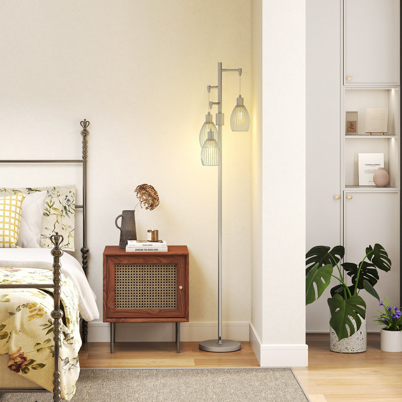 Lampe sur pied industrielle avec 3 abat-jours suspendus en fil métallique pour le salon, Argent argent