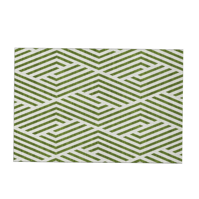 3' X 5' Olive Green And Ivory Geometric Washable Area Rug With UV Protection