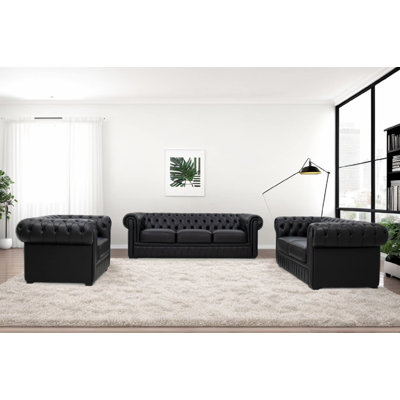 Audelio 3-Pieces Handcrafted Top Grain Genuine Leather Chesterfield Living Room Set by Red Barrel Studio
