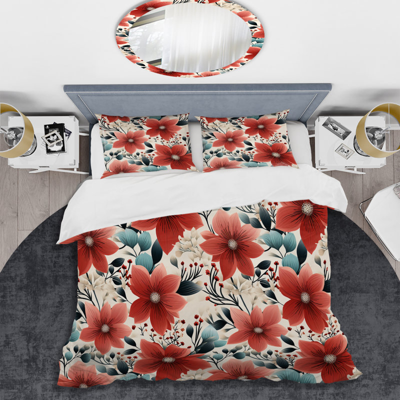 Ensemble de housse de couette Vintage Romance Red Floral Bliss I, Housse de couette pour grand lit et 2 taies décor