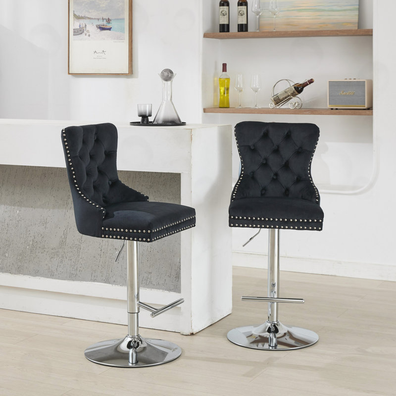 Ensemble de 2 tabourets pivotants en velours à hauteur réglable, Noir