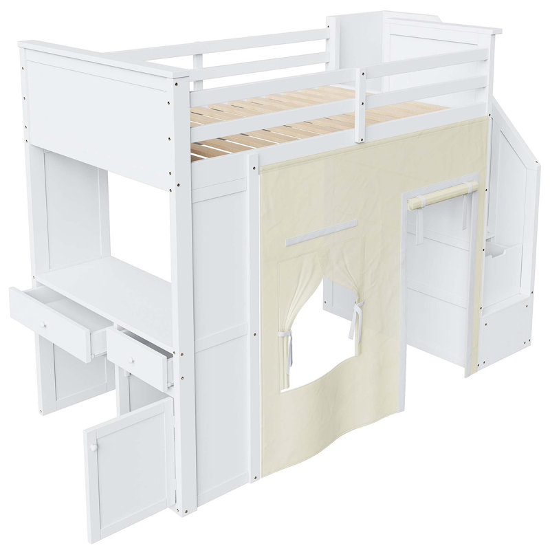 Lit mezzanine simple avec bureau intégré et escalier de rangement