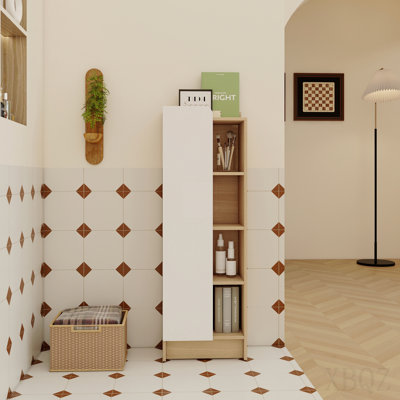 Armoire latérale autoportante de 16 po de hauteur en chêne clair, armoire de rangement étroite avec porte simple et tablettes ouvertes à 4 niveaux, Kd (prêt à assembler), panneaux de porte bicolores (blanc et noir), contreplaqué