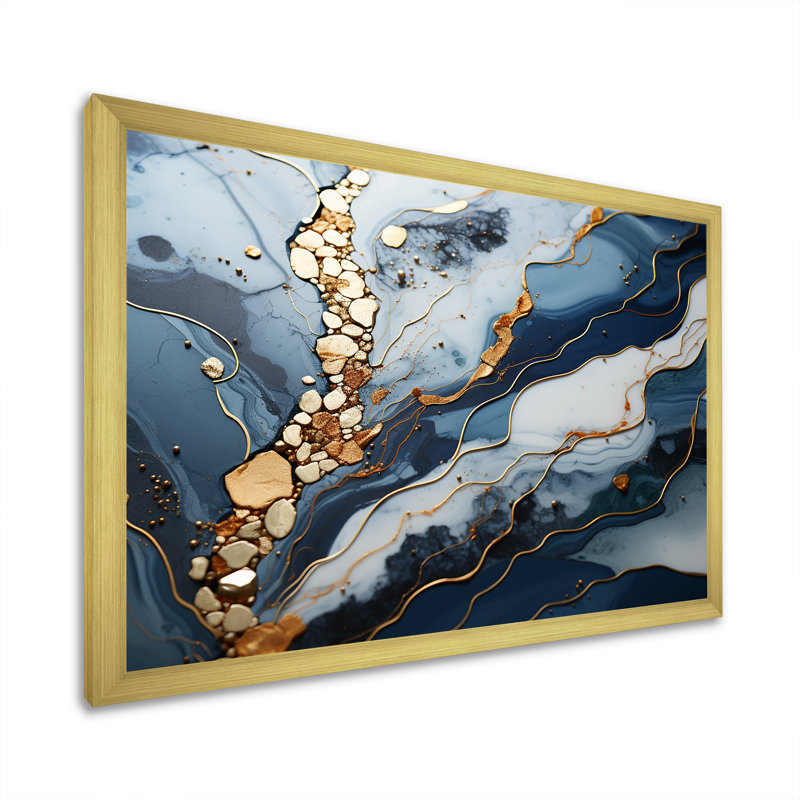 Blue and Gold Marble river II - Abstrait marbré, impressions sur toile, Cadre d'angle fermé doré, H 12 po x l 20 po x P 1 po