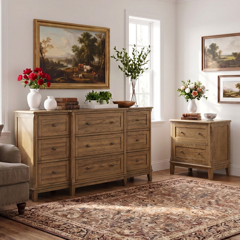 Commode 9 tiroirs en bois massif l 9 po avec table de chevet entièrement assemblée, Naturel
