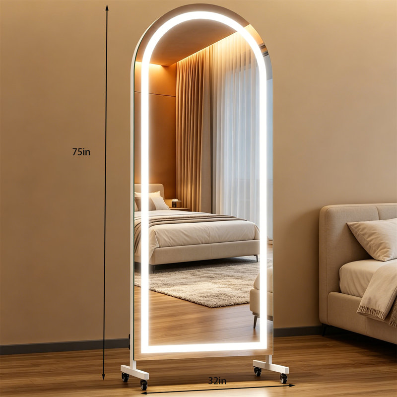 Full Body Mirror, Arched LED Rolling Full Body Mirror - Adjustable Color Temperature And Brightness, Floor Standing Mirror With Wheels, Suitable For Bedrooms, Yoga Studios, And Home Gyms