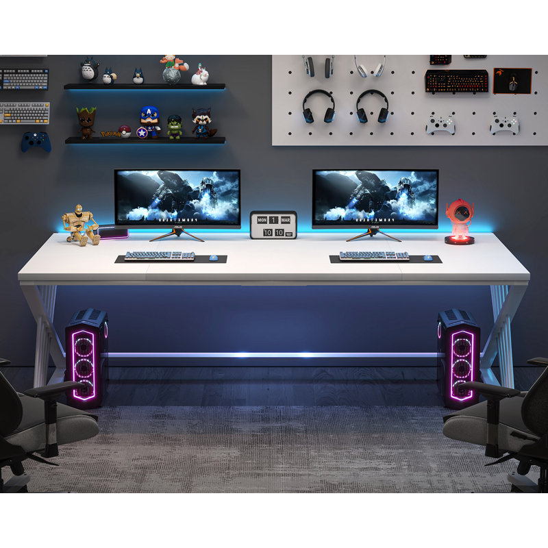 Cheryel 70.87" Modern Wood and Metal Computer Desk, White, White, 29.53" H x 70.87" W x 31.5" D