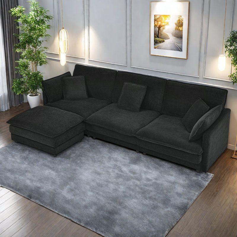 Canapé modulaire en L pour salon Modern Home, Tissu noir