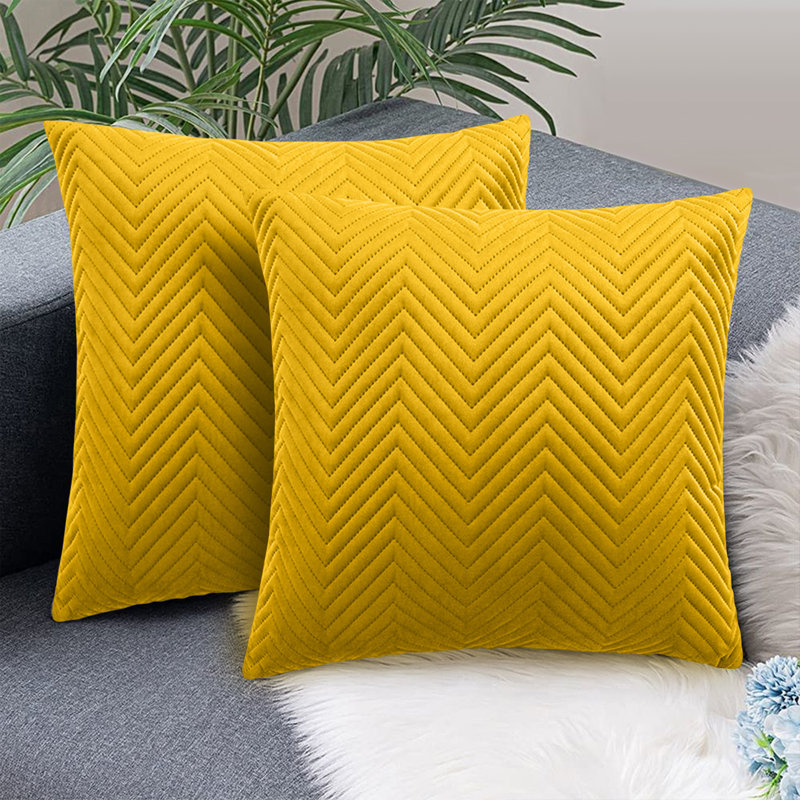 Square Throw Luxury Embossed Pattern Velvet Cushions Protector Set Of 2, Ochre