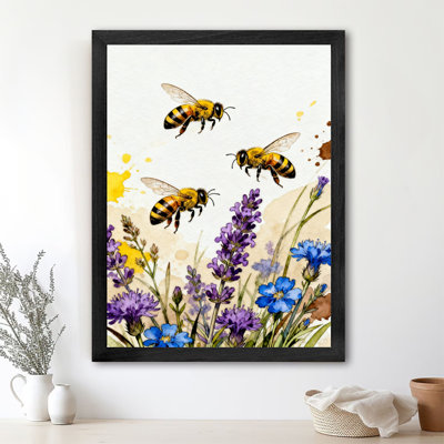 Les abeilles rétro encadrées noires sont actifs dans les fleurs et les plantes, reproductions d'art encadrées de style rétro