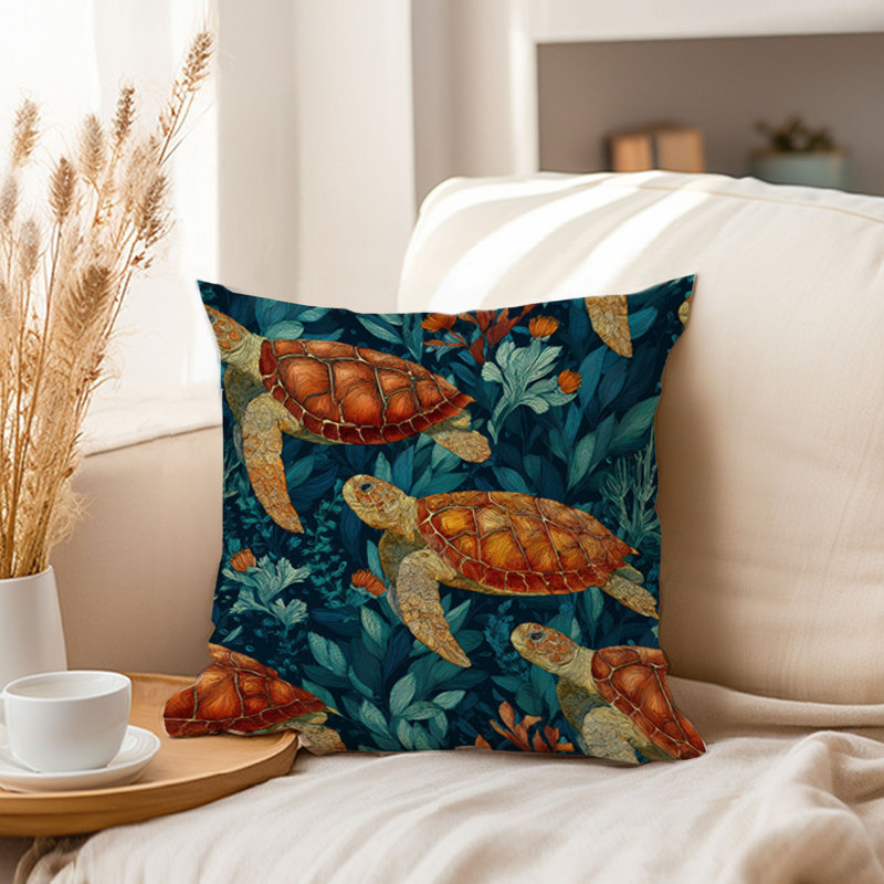 Housse de coussin nautique Beach and Coastal Sea Turtles, Bleu / rouge nautique / plage 6, Carré 18 po