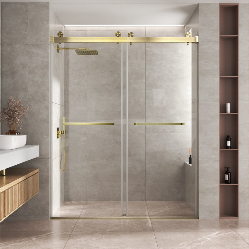 Porte de douche coulissante double 56-60 "x 76" en nickel brossé, verre trempé sans cadre 3/8 ", Or brossé