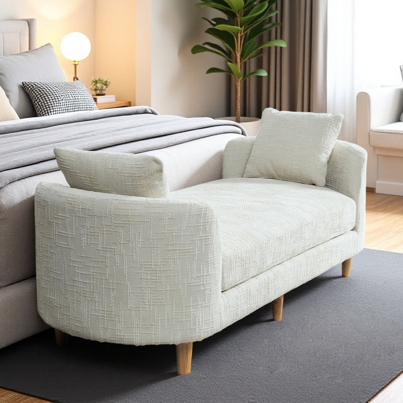 77.17" Chenille Upholstered Bench with Armrests and 2 Pillows, Beige