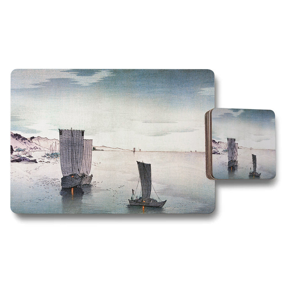 Coastal Sailboat Placemat And Coaster Set With Vintage Seascape Art
