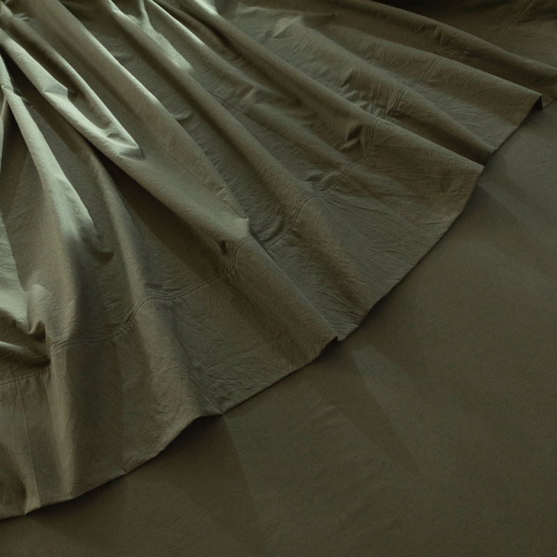 MooMee Flat Sheet 100% Washed Cotton Linen Like Textured Breathable Lightweight, Queen Flat Sheet, Olive Green