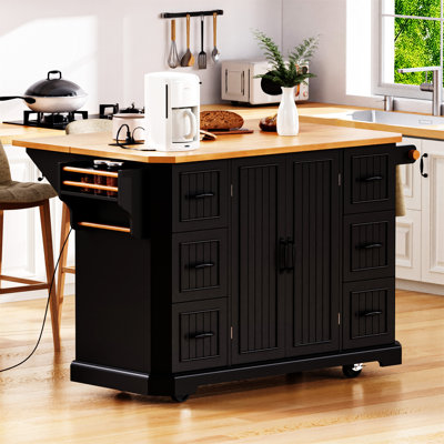 56 Inch Kitchen Island With Rubber Wood Veneer Drop Leaf(No Include Stool)