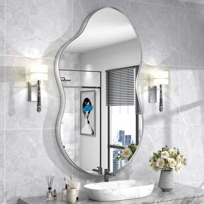 Amara Irregular Tempered Glass and Aluminum Alloy Framed French Cleat Mounted Wall Mirror