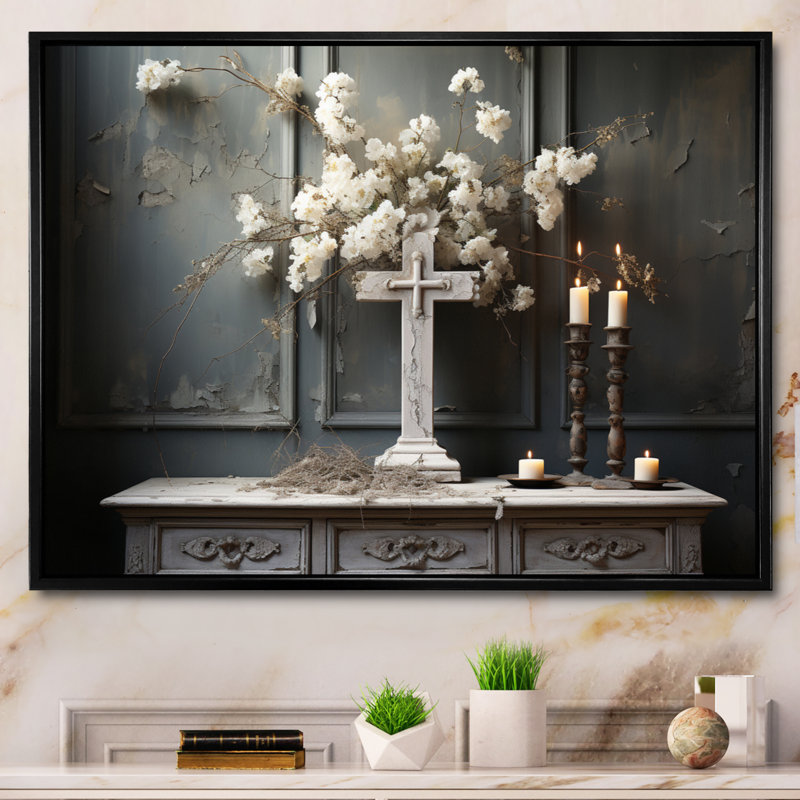 Croix religieuse, silence transcendant, H 12 po x l 20 po x P 1 po, Cadre flottant noir