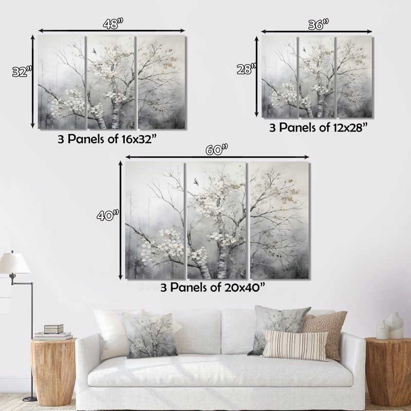 Arbre gris gris, rêverie - art mural arbre monochrome, H 24 po x l 32 po x P 1 po, Cadre flottant blanc