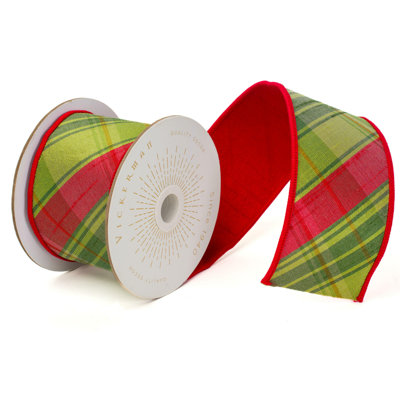 Vickerman 4"X10 Yds Red and Green Diagonal Plaid with Red Dupion Backing Ribbon.