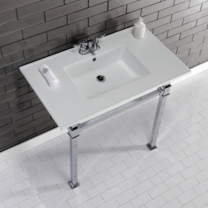 Kingston Brass Monarch 37-Inch Ceramic Console Sink with Stainless Steel Legs (4-Inch, 3-Hole), White/Polished Chrome