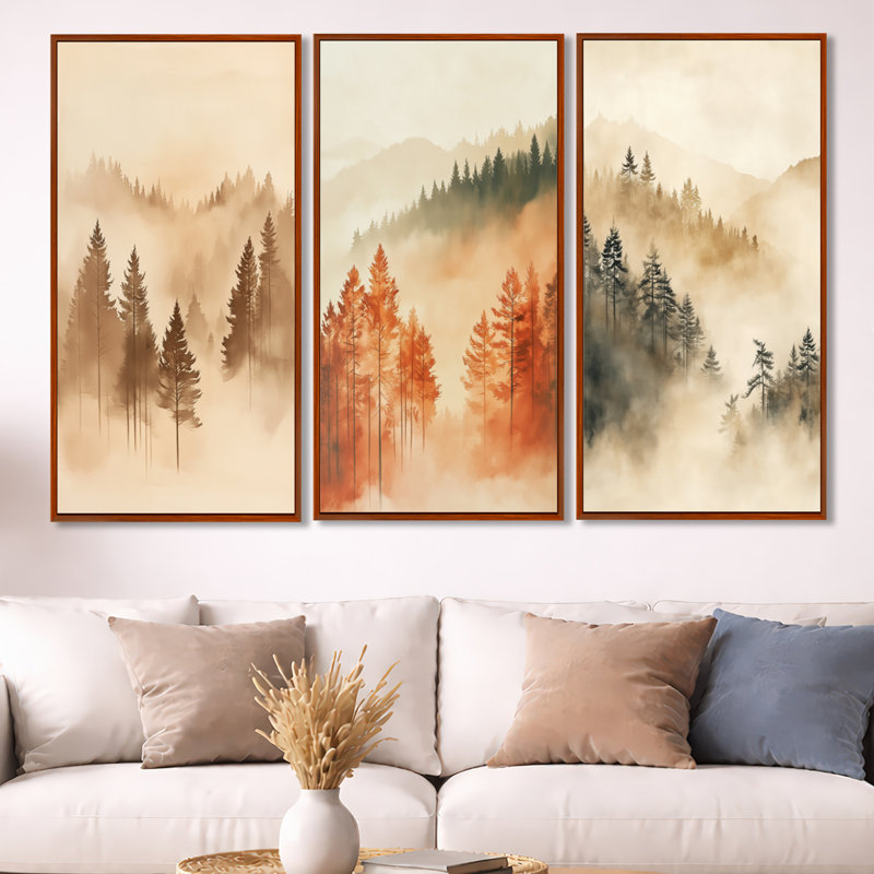 «Sand Forest Veil - Cream Forest», ensemble de 3 reproductions sur toiles encadrées, 32" H x 48" W, Brown Floater Framed