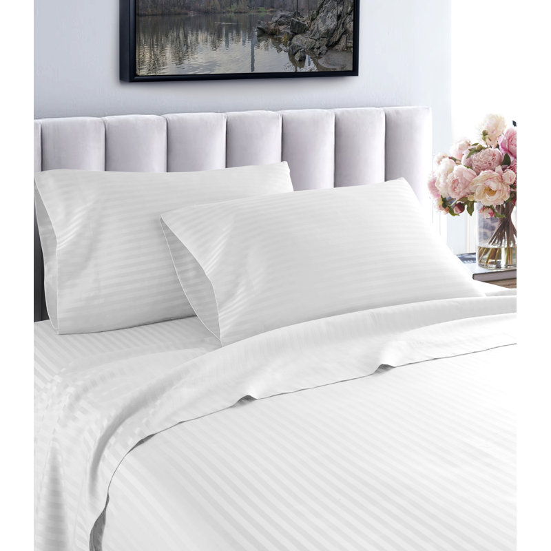 Egyptian Cotton Machine Woven Striped Sheet Set, Twin XL, White