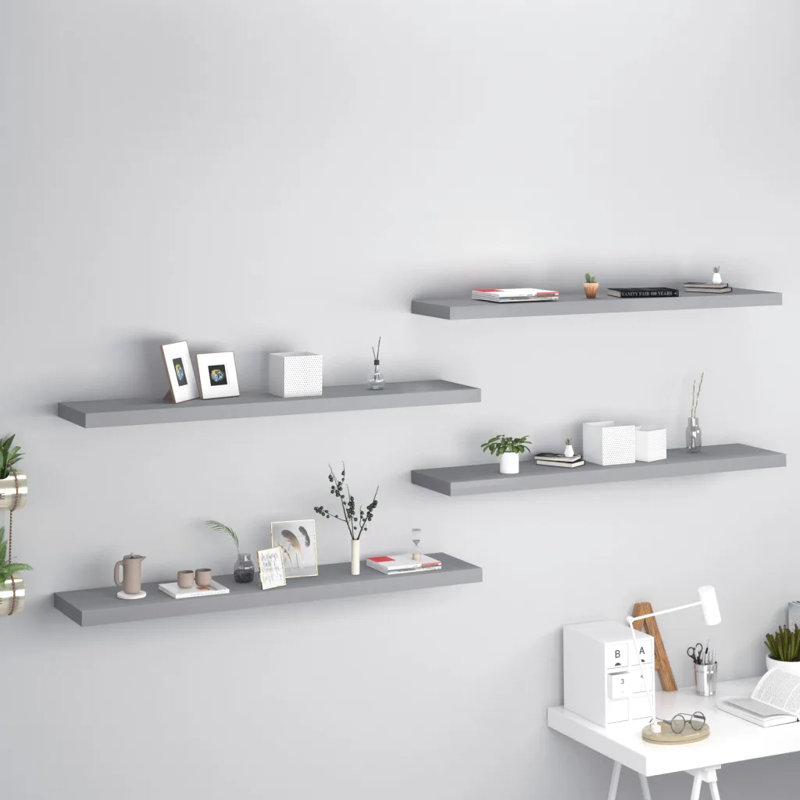Arsis 4 Piece Metal Floating Shelf, 3.8cm H x 23.5cm W x 120cm D, Grey