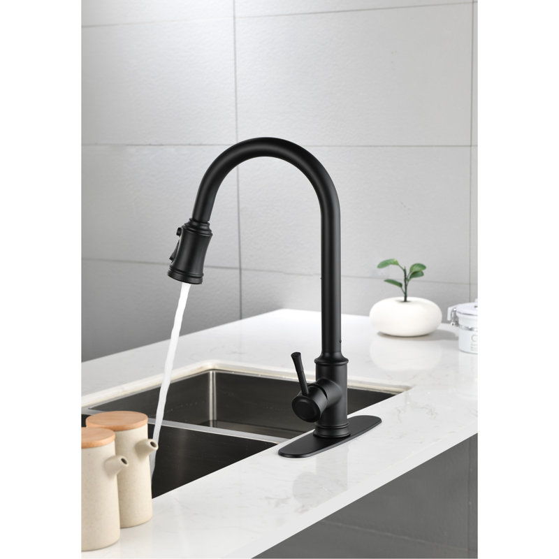 Robinet de cuisine en acier inoxydable avec extérieur noir mat, rétractable pour un contrôle facile de l'eau à arc haut en noir, avec douchette polyvalente