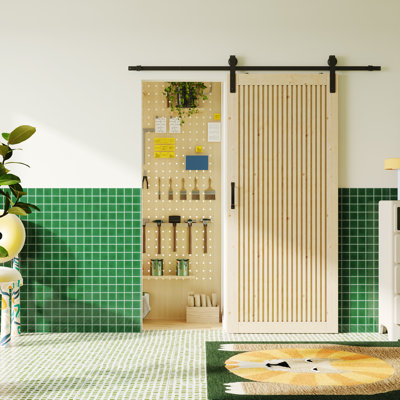 Grille Wood Slat Panel Design Interior Barn Door - Pine, DIY Assembly with Hardware Kit | Space-Saving Modern Style​