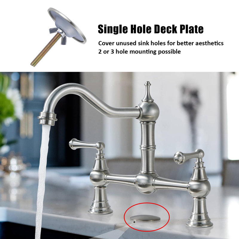 Bridge-Style Kitchen Faucet, 2 Or 3 Hole Bridge Faucet, 2 Handle Kitchen Sink Faucet 360° Rotating Faucet, Brushed Nickel