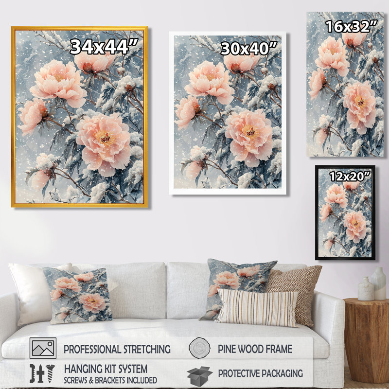 Pivoines au vent d'hiver III - pivoines, art mural encadré, Reproduction avec cadre flottant, H 44 po x l 34 po, Crème, crème