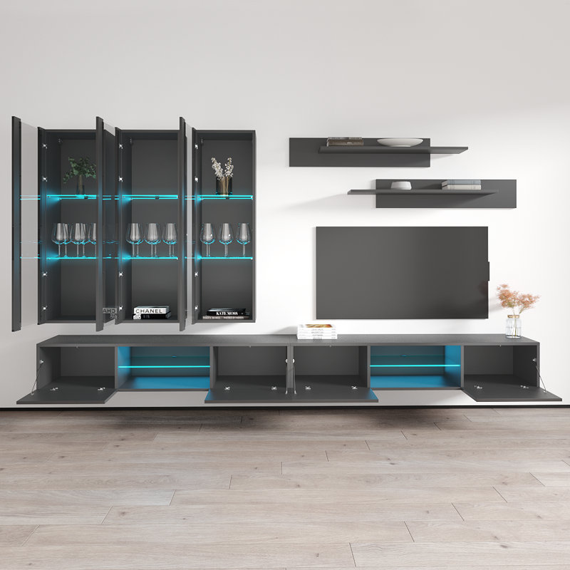 Ballina 126" Modern Floating Wall Mounted Entertainment Center with 16-Color LED Lighting, High Gloss Finish, Gray