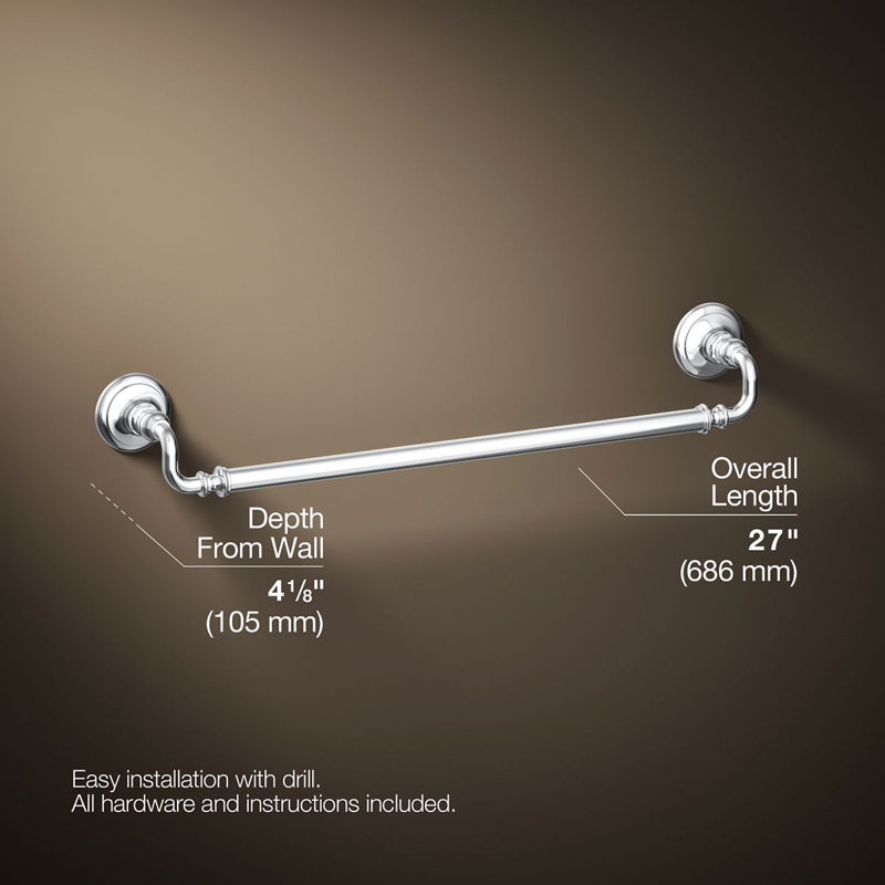 Artifacts® Wall Mounted Towel Bar, Polished Chrome, 3" H x 27" W x 3.5" D