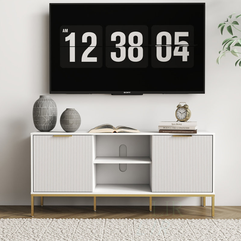 Modern TV Stand With Wave-Design Doors, Open Shelf, And Adjustable Shelf For A Stylish And Functional Living Room