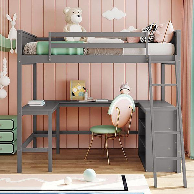 Lit mezzanine double avec tablettes et bureau, lit mezzanine en bois avec bureau - Gris