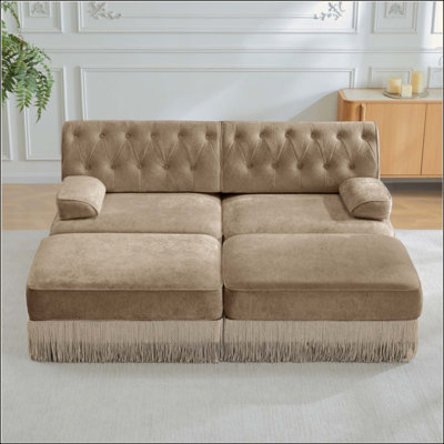 With 2 Ottoman, Breathable Comfort Velvet Fabric,Tassel Skirt Chesterfield Style Sofa, Free Combination, Slightly Curved Square Armrests, Premium Wood