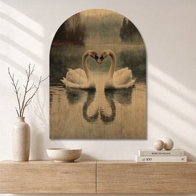 Swan Pair in Serene Lake - Nature Wooden Arched Wall Decor