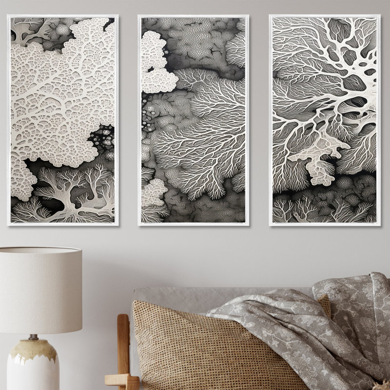 Ensemble de salon mural abstrait corail noir et blanc abstrait corail sous l'eau II, Cadre flottant blanc