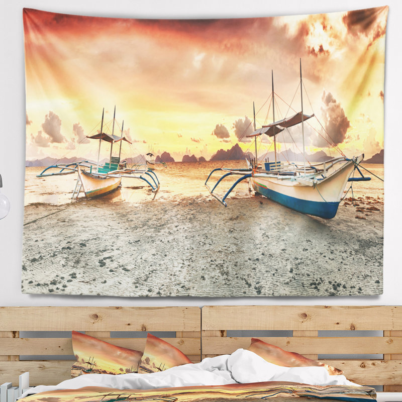 Tapisserie de bord de mer au coucher du soleil, H 78 po x l 92 po