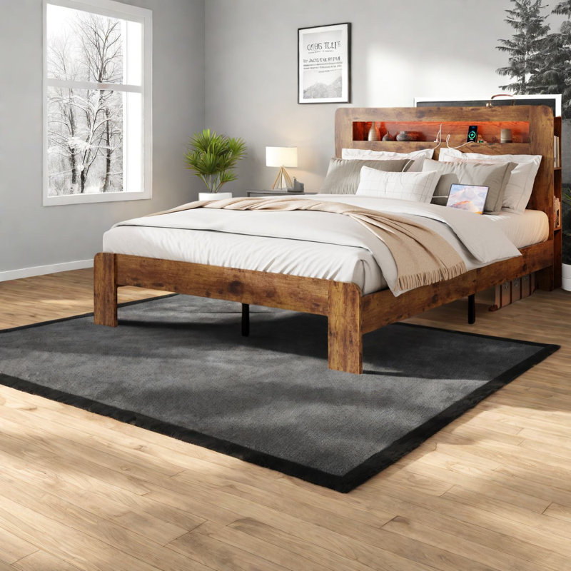 Lits de rangement, bois et métal brun foncé, USB à DEL rustique, usage domestique