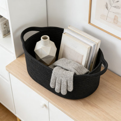 Handwoven Cotton Storage Basket With Reinforced Handles, Collapsible Decorative Organizer For Nursery, Home, And Gift Giving