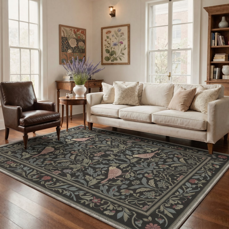 Tapis floral vert / noir Auraflora lavable à la machine avec envers antidérapant, Rectangle 8' x 10'