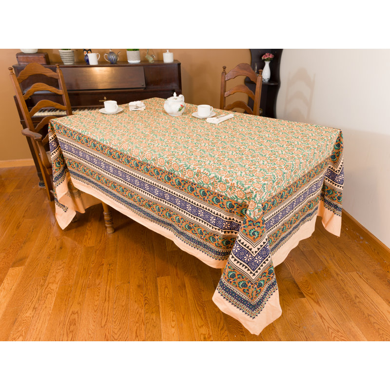 Lushana Rectangle Floral Cotton Tablecloth, 108" x 72", Tan