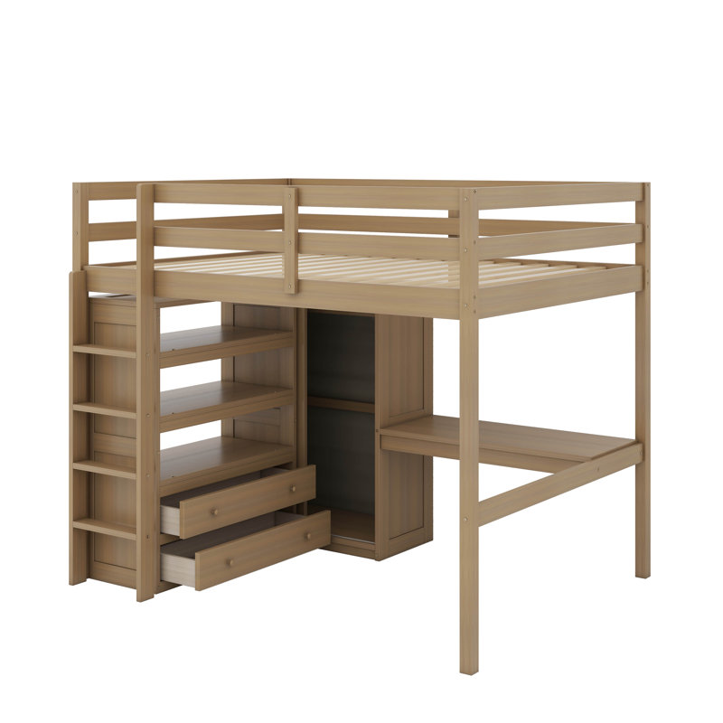 Lit mezzanine en bois pleine grandeur avec garde-robe intégrée, bureau, tiroirs et tablettes de rangement, Noyer