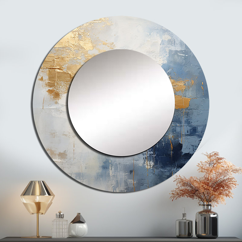 Rosezina beige and gold simple winter landscape - Winter Landscape Unique Wall Mirror Decor, Beige Large Round Mirror, Printed Metal Art